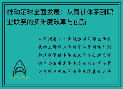 推动足球全面发展：从青训体系到职业联赛的多维度改革与创新
