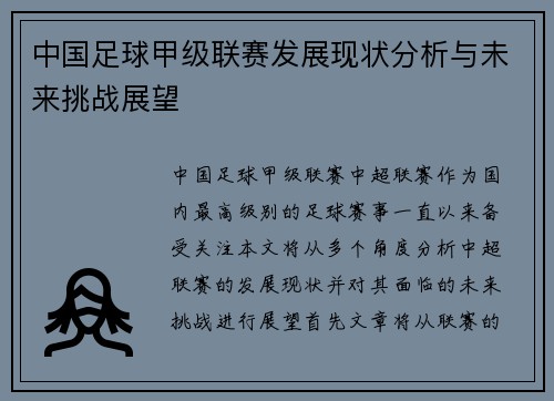 中国足球甲级联赛发展现状分析与未来挑战展望